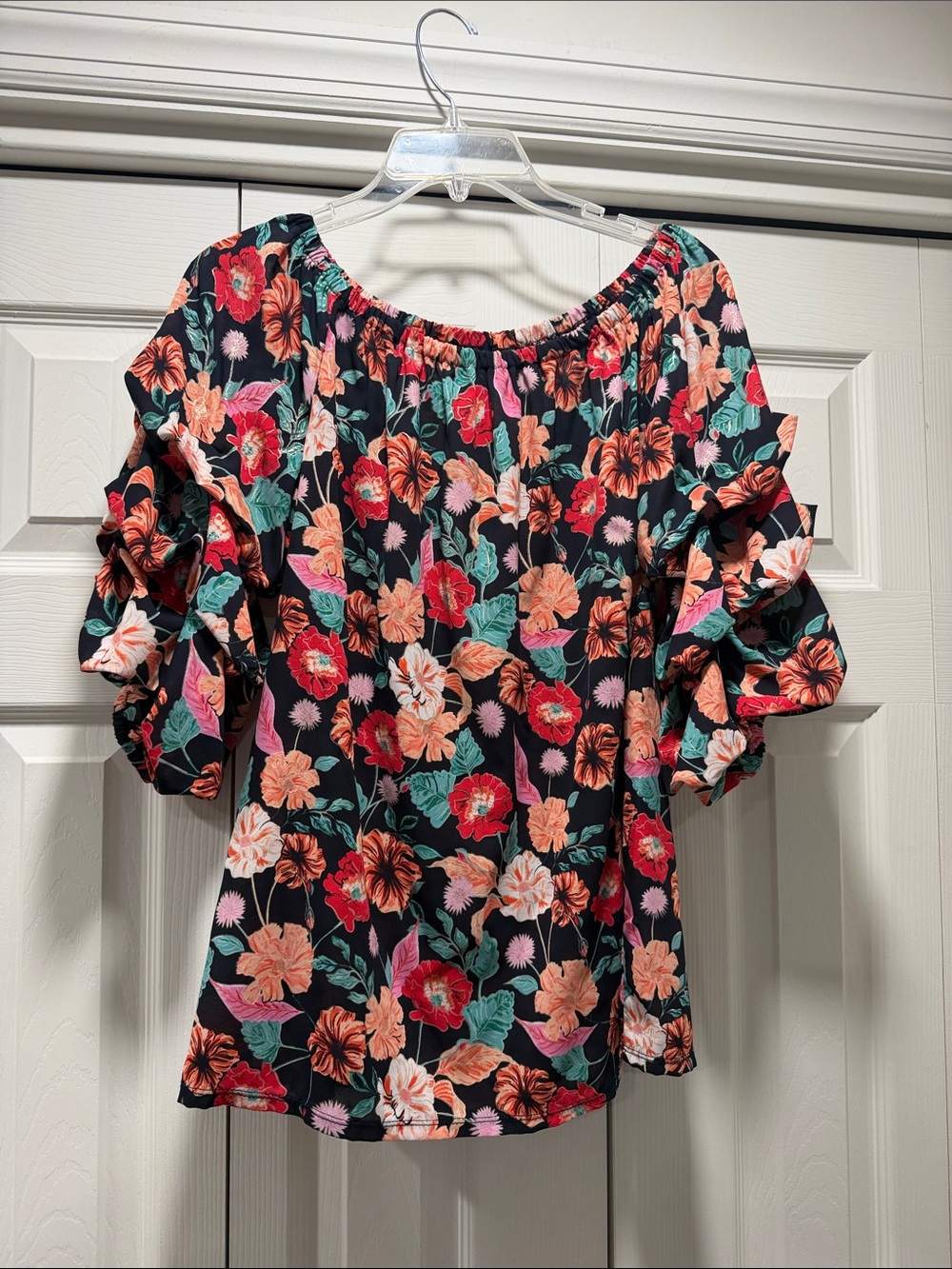 Coco Bianco Black Floral Off-Shoulder Top with Ruffled Sleeves